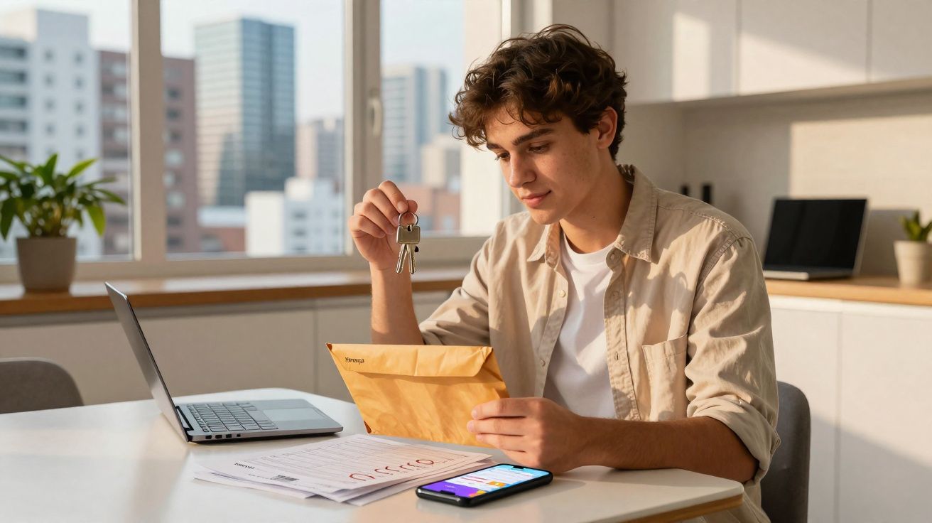 Jovem sentado numa mesa segura chaves e vê envelope, com computador portátil e smartphone sobre a mesa.