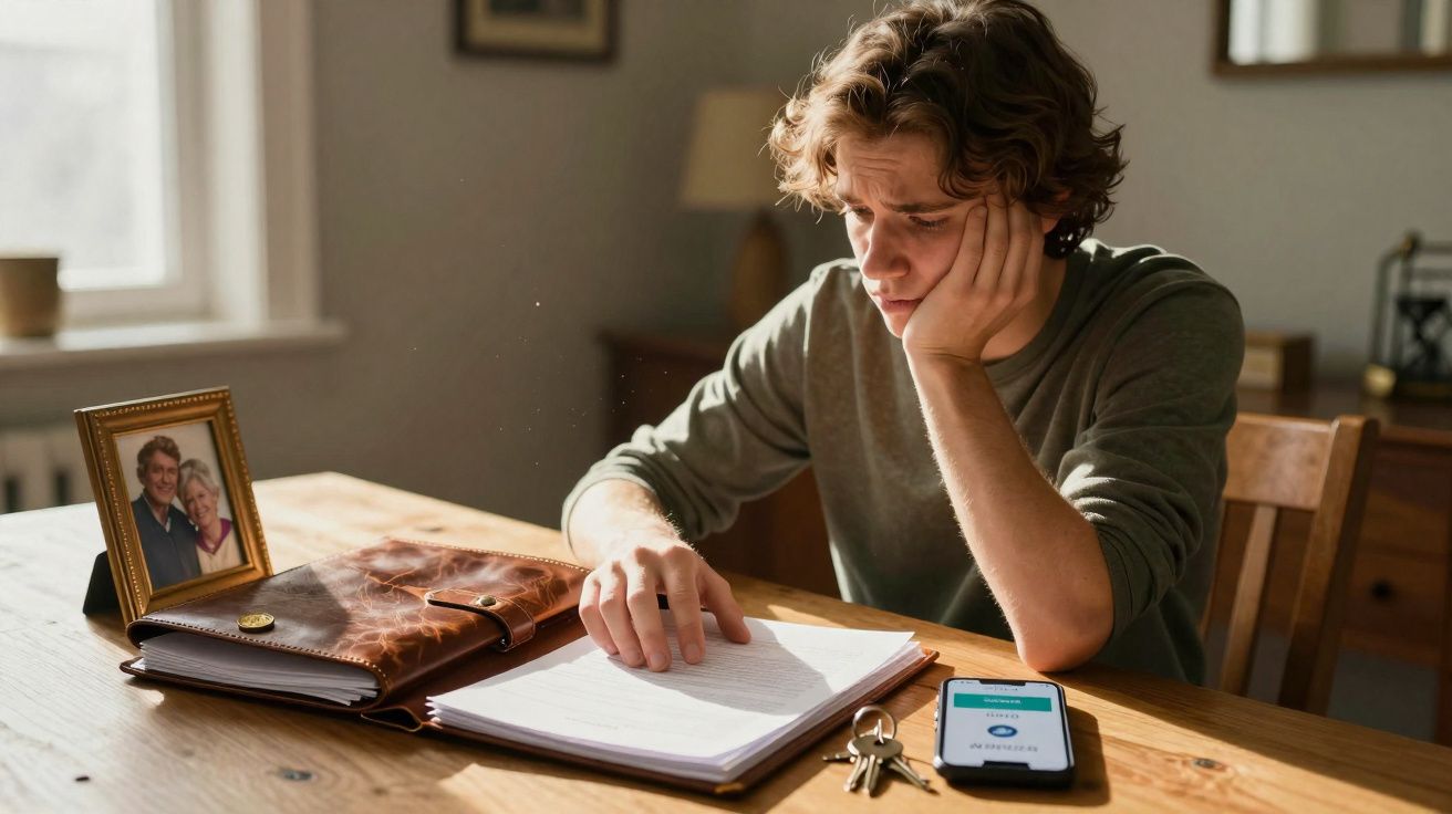 Jovem sentado à mesa, concentrado a ler documentos com telemóvel e foto familiar ao lado.