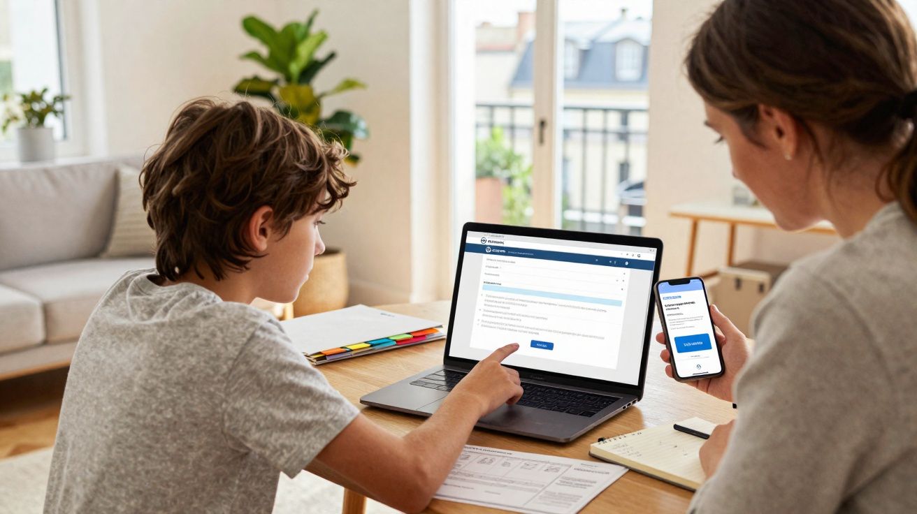 Criança e mulher a fazerem atividades digitais em laptop e telemóvel numa sala de estar luminosa.
