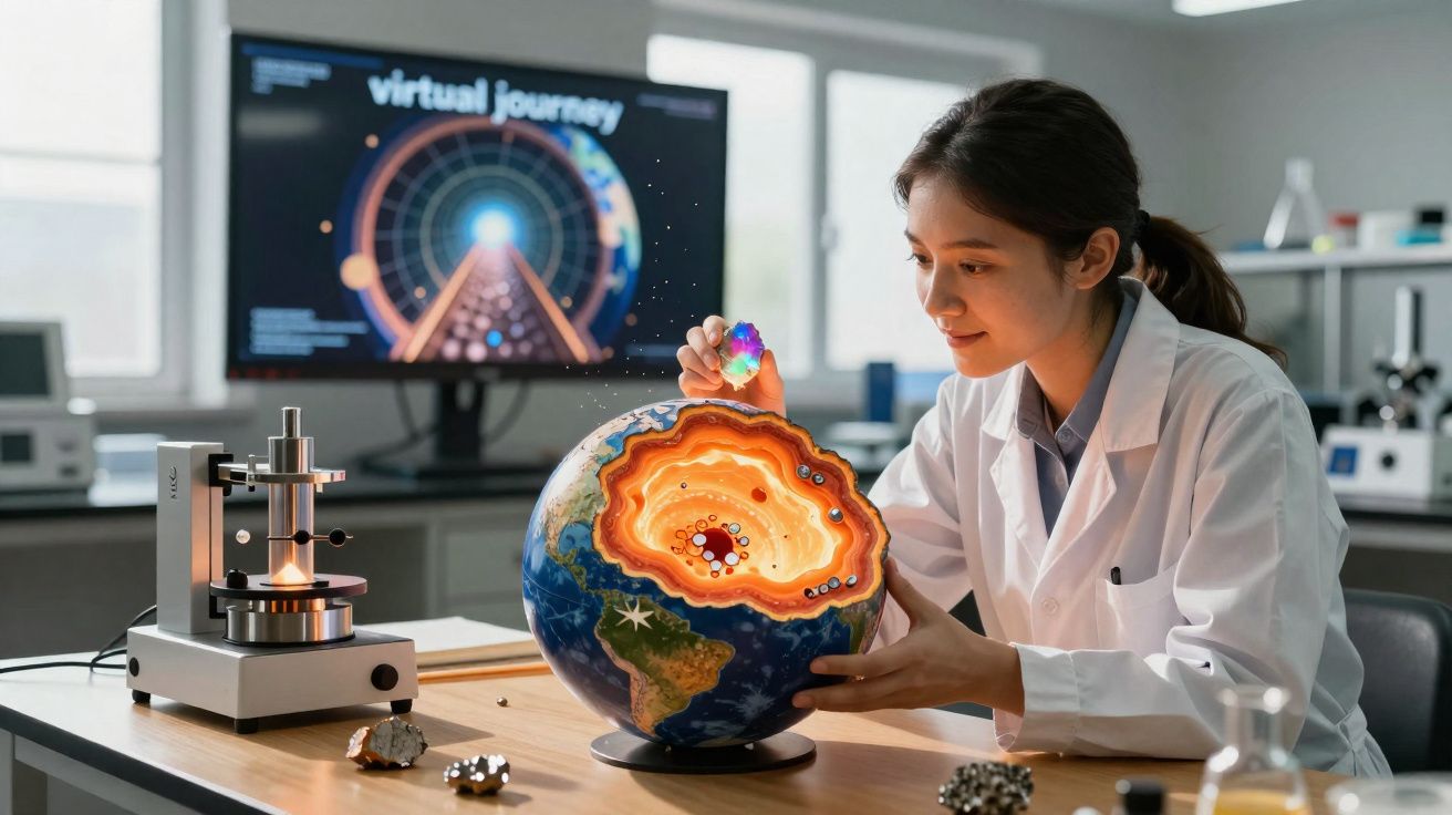 Mulher cientista em laboratório a examinar modelo do interior da Terra com lâmpada e ecrã digital ao fundo.