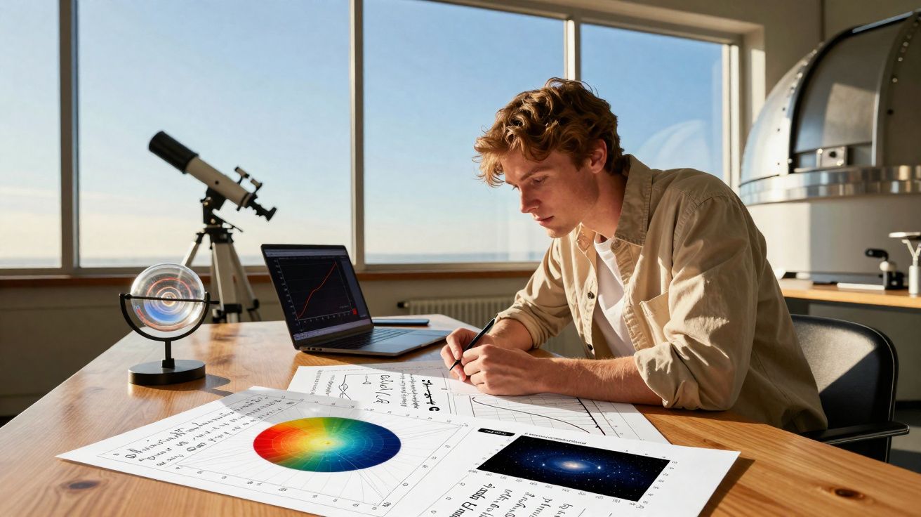 Jovem concentrado a analisar gráficos e fotografias do espaço em ambiente luminoso com telescópio e portátil.