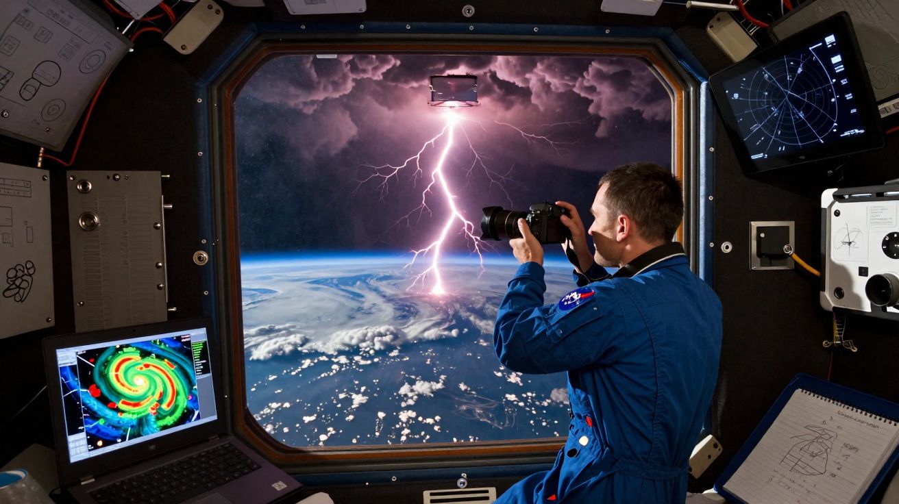 Astronauta com câmera a observar relâmpago sobre a Terra visto a partir da janela da nave espacial.