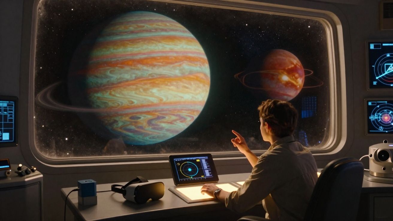 Pessoa num ambiente futurista observa planetas gasosos através de uma grande janela espacial.