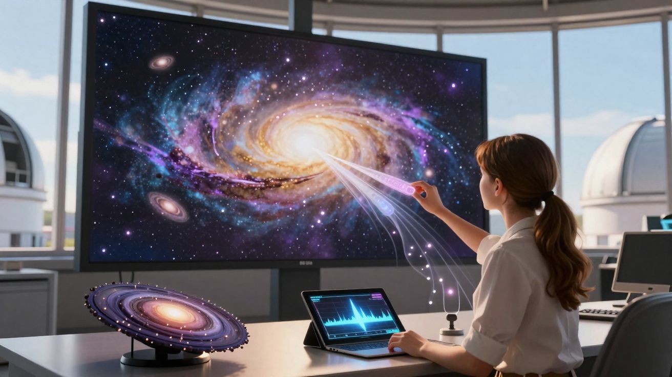 Mulher numa sala de astronomia interagindo com ecrã e modelo de galáxia simulada.