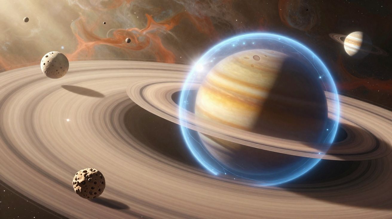 Planeta gigante gasoso com anéis brilhantes e várias luas numa galáxia colorida e distante.