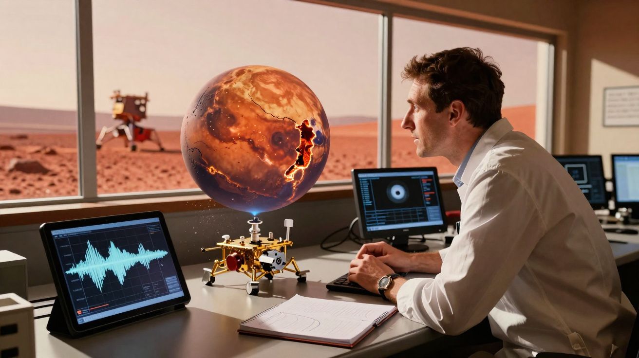 Cientista observa modelo 3D de Marte projetado sobre mesa num ambiente com ecrãs e janela para paisagem marciana.