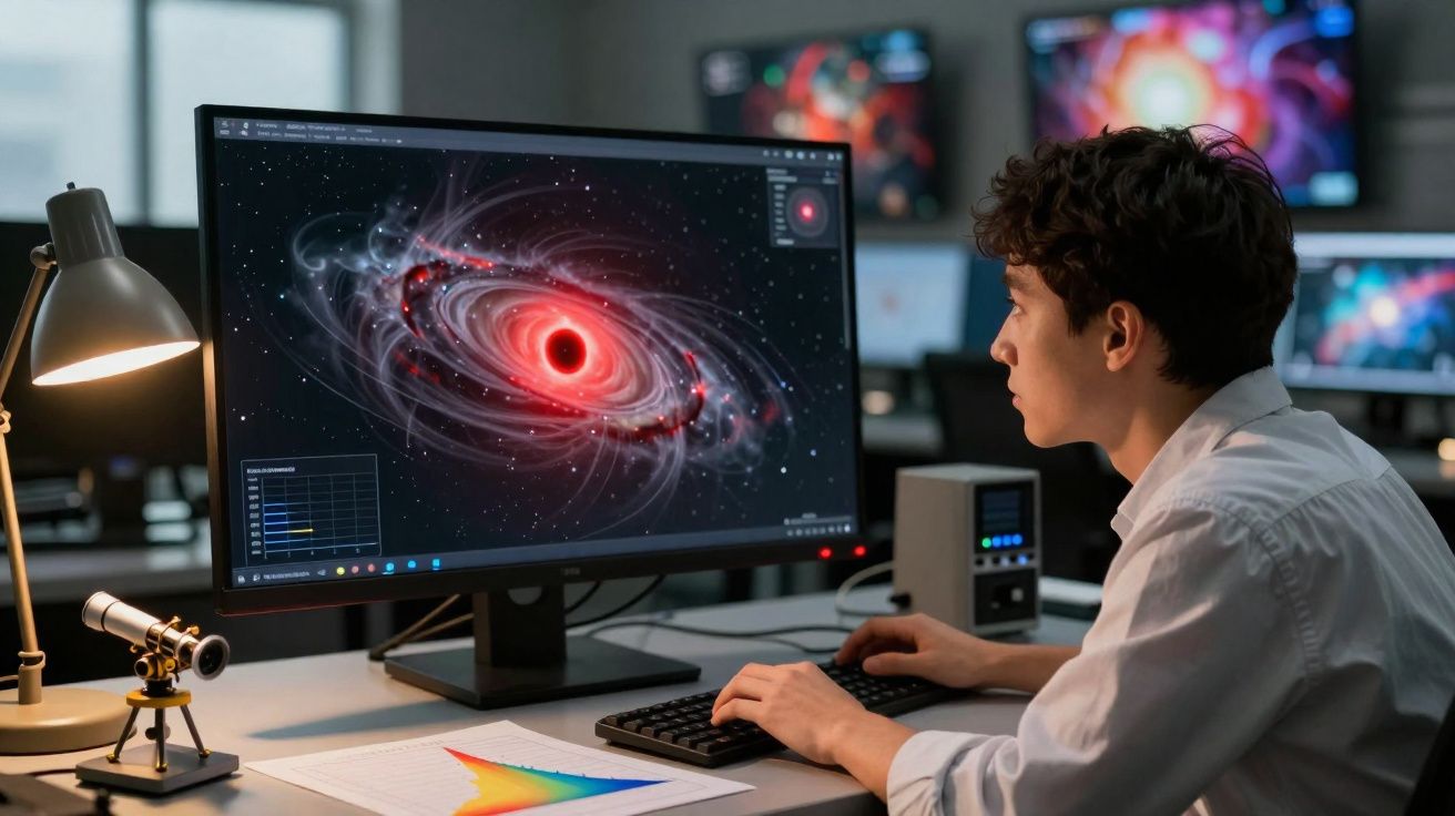 Jovem a estudar imagem de buraco negro num computador numa sala com vários ecrãs e equipamento científico.