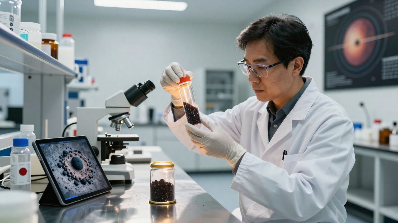 Cientista em laboratório a analisar recipiente com grãos pretos, entre microscópio e tablet com imagem científica.