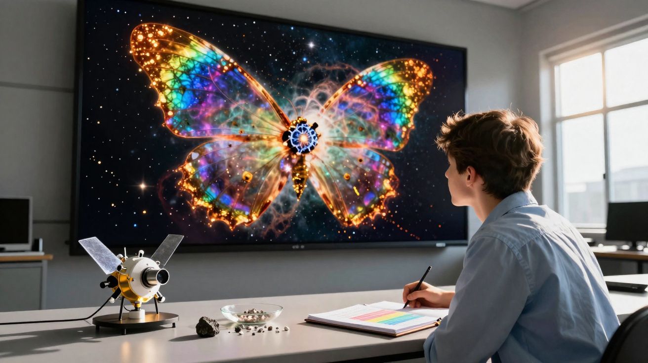 Jovem sentado numa sala a observar uma borboleta colorida e brilhante num ecrã gigante à sua frente.