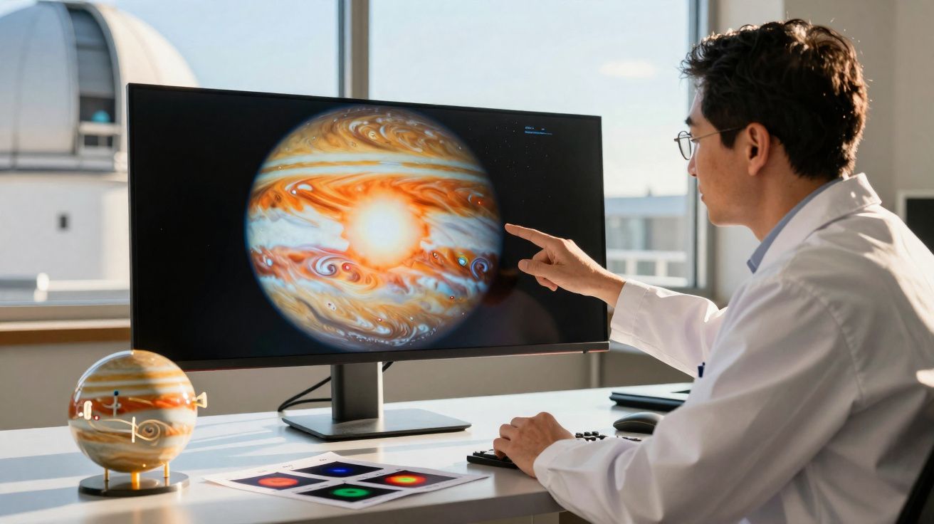 Cientista em laboratório analisa imagem digital detalhada do planeta Júpiter no ecrã do computador.