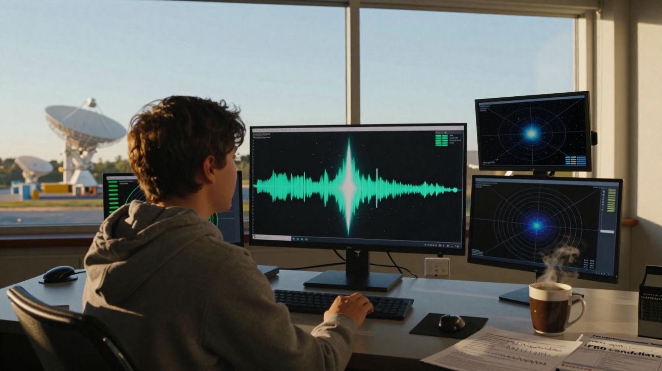 Pessoa a analisar dados de ondas sonoras em vários ecrãs, com antenas parabólicas visíveis pela janela.
