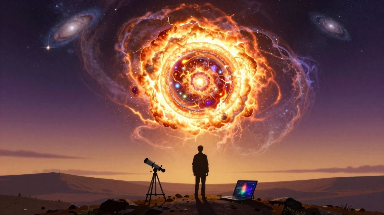 Pessoa observa com telescópio e laptop uma enorme e brilhante formação cósmica alaranjada no céu ao entardecer.