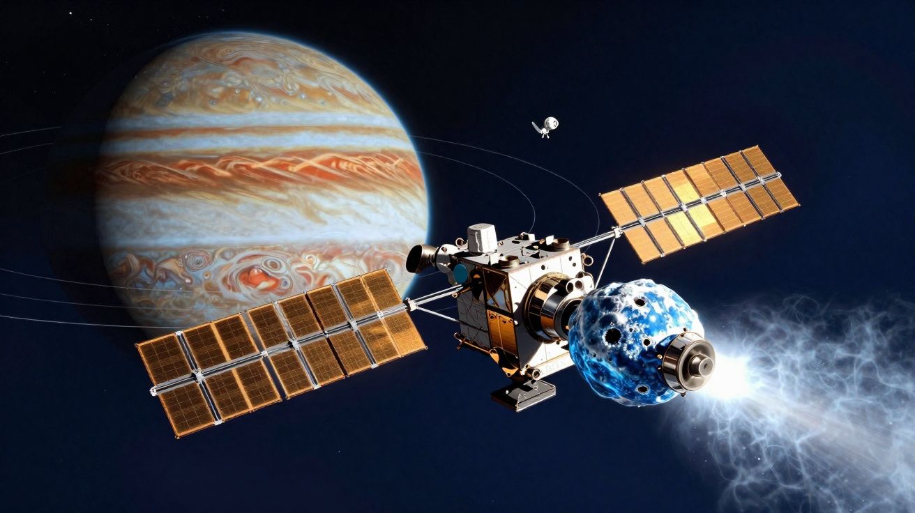 Sonda espacial com painéis solares e planeta gasoso gigante ao fundo no espaço escuro.