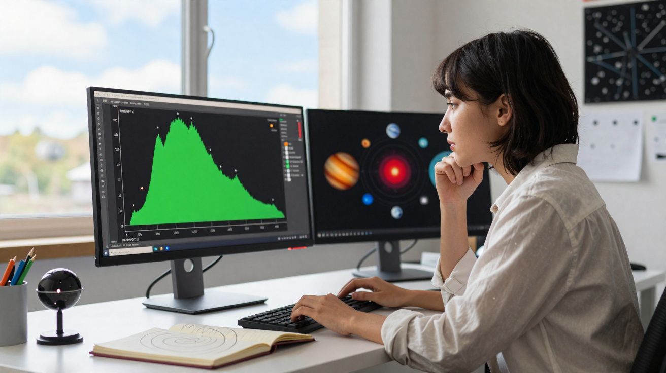 Mulher a trabalhar num computador com gráficos e imagens do sistema solar em dois ecrãs lado a lado.