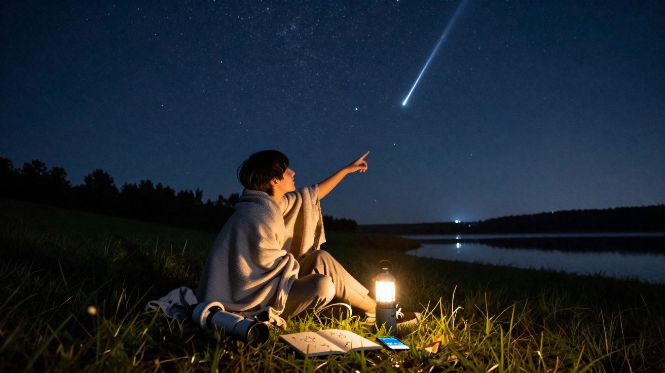 Pessoa sentada à beira de um lago à noite, envolta em manta, apontando para um meteoro no céu estrelado.