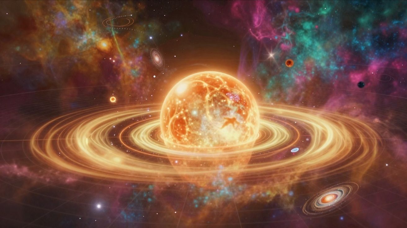 Esfera luminosa dourada rodeada por anéis brilhantes no espaço cósmico colorido com estrelas e galáxias.