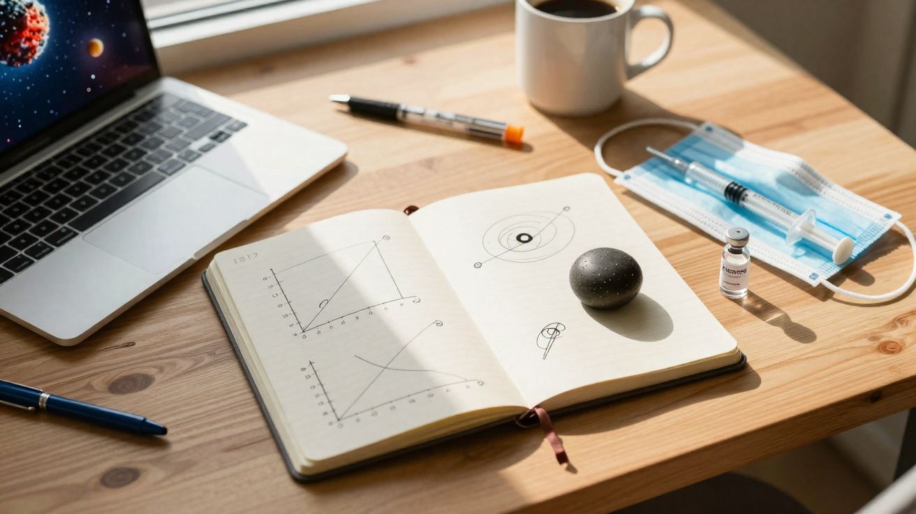 Mesa de madeira com notebook, caderno aberto com gráficos, canetas, máscara, seringa, frasco de vacina e caneca de café.