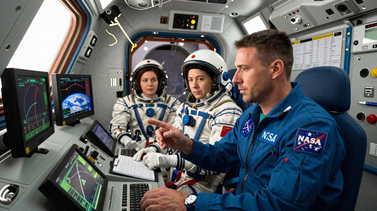 Três astronautas no interior de uma nave espacial, um homem em fato da NASA e duas mulheres em fatos espaciais brancos.