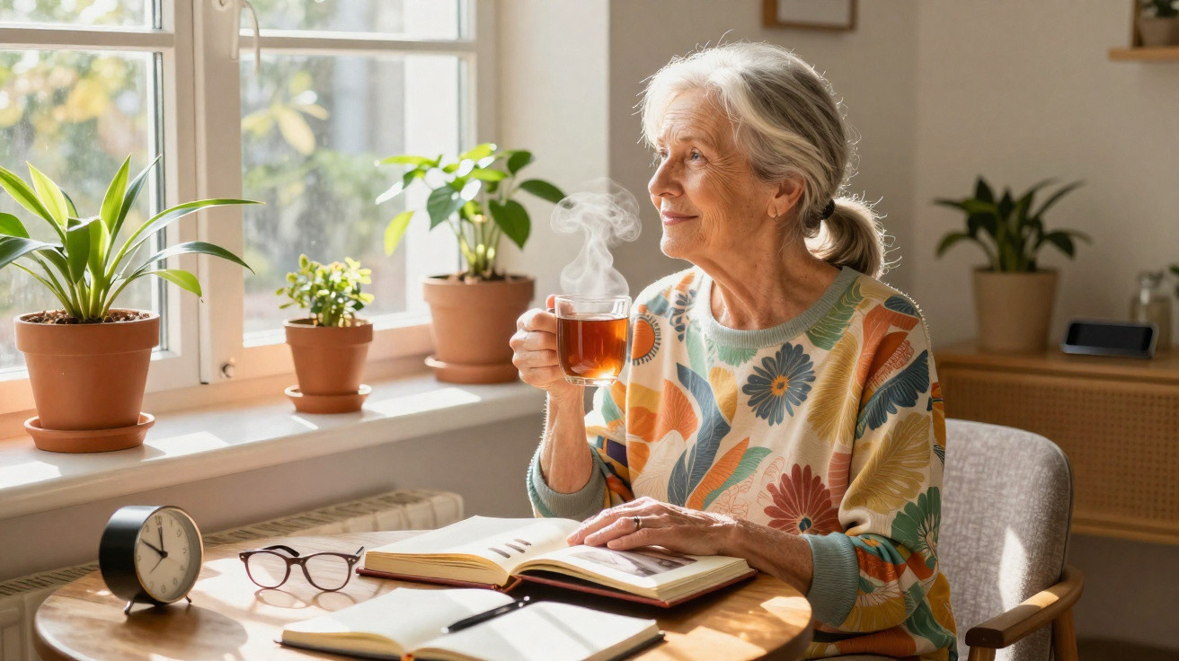 Mulher idosa sentada à mesa, a ler e a beber chá quente junto a uma janela com plantas.