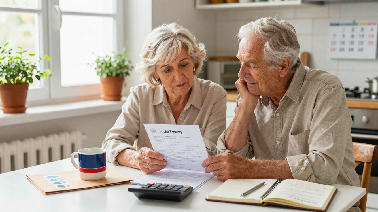 Casal sénior sentado à mesa a analisar documentos financeiros com calculadora e caderno.