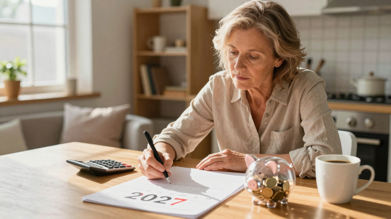 Mulher sénior a fazer contas em casa com calendário de 2027, cofrinho e calculadora na mesa.