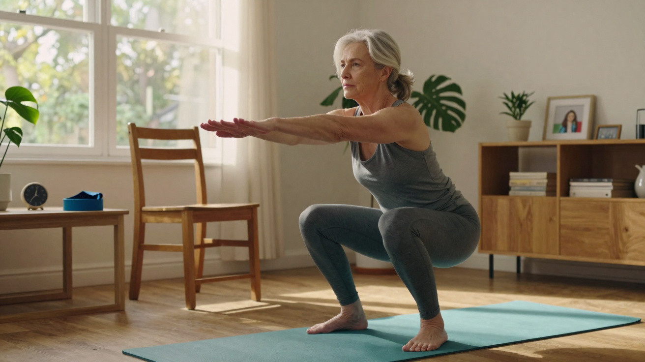 Mulher madura em roupa desportiva a fazer exercício de agachamento numa sala luminosa.