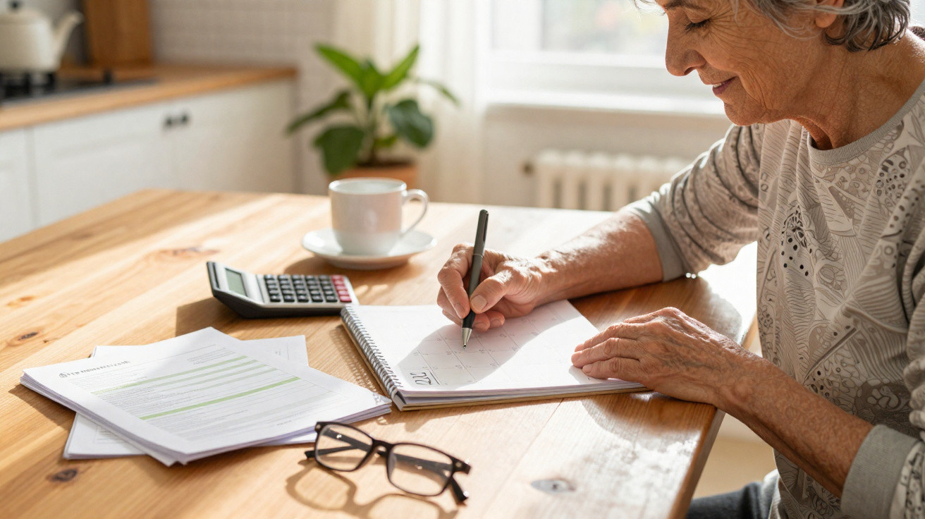 Mulher idosa sentada a escrever num caderno com documentos, calculadora, óculos e chá numa mesa de madeira.