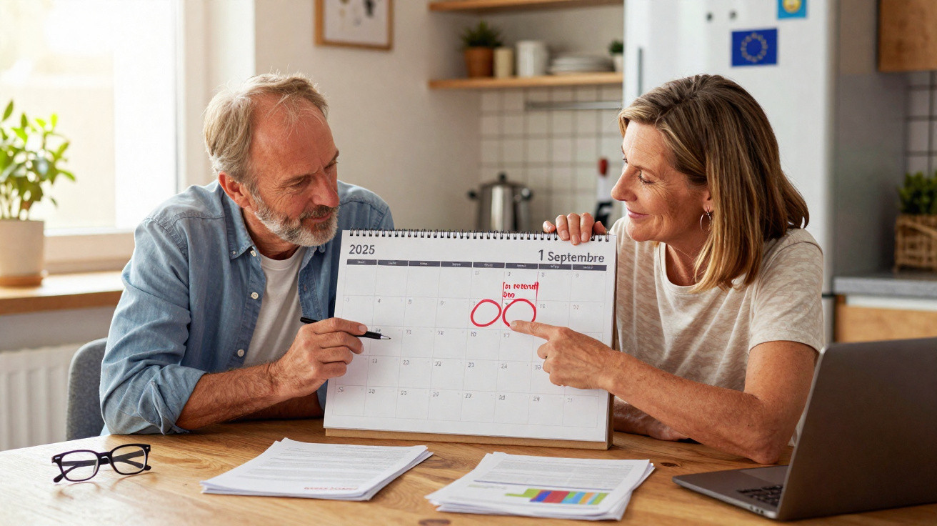 Casal sénior sentado à mesa a apontar para calendário com duas datas assinaladas a vermelho.