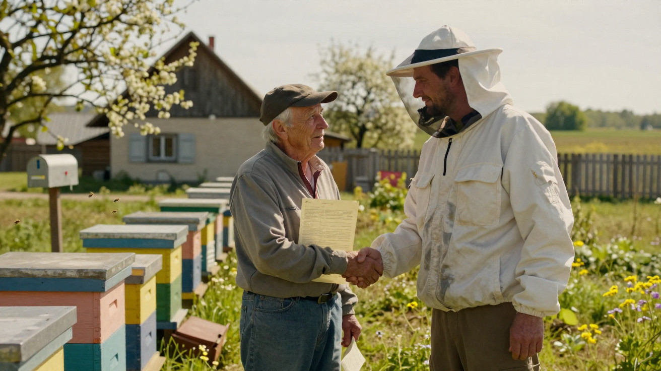 Dois apicultores a cumprimentar-se junto a colmeias coloridas num campo com flores e árvores em flor.