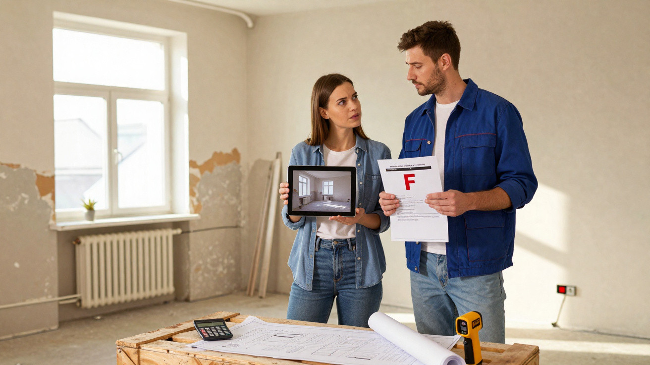 Casal numa divisão degradada a analisar resultados negativos e plantas de renovação para obras.