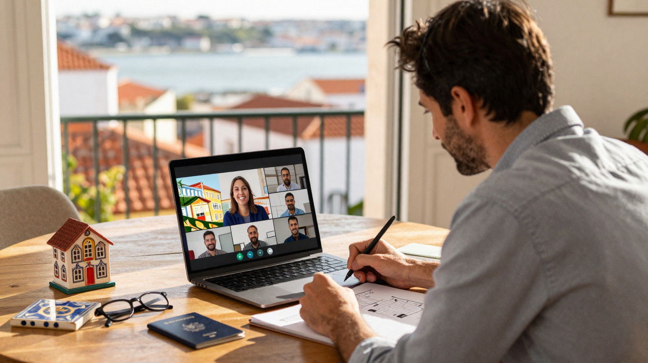 Homem em videoconferência numa sala com vista para o rio, a fazer anotações num ambiente de trabalho.