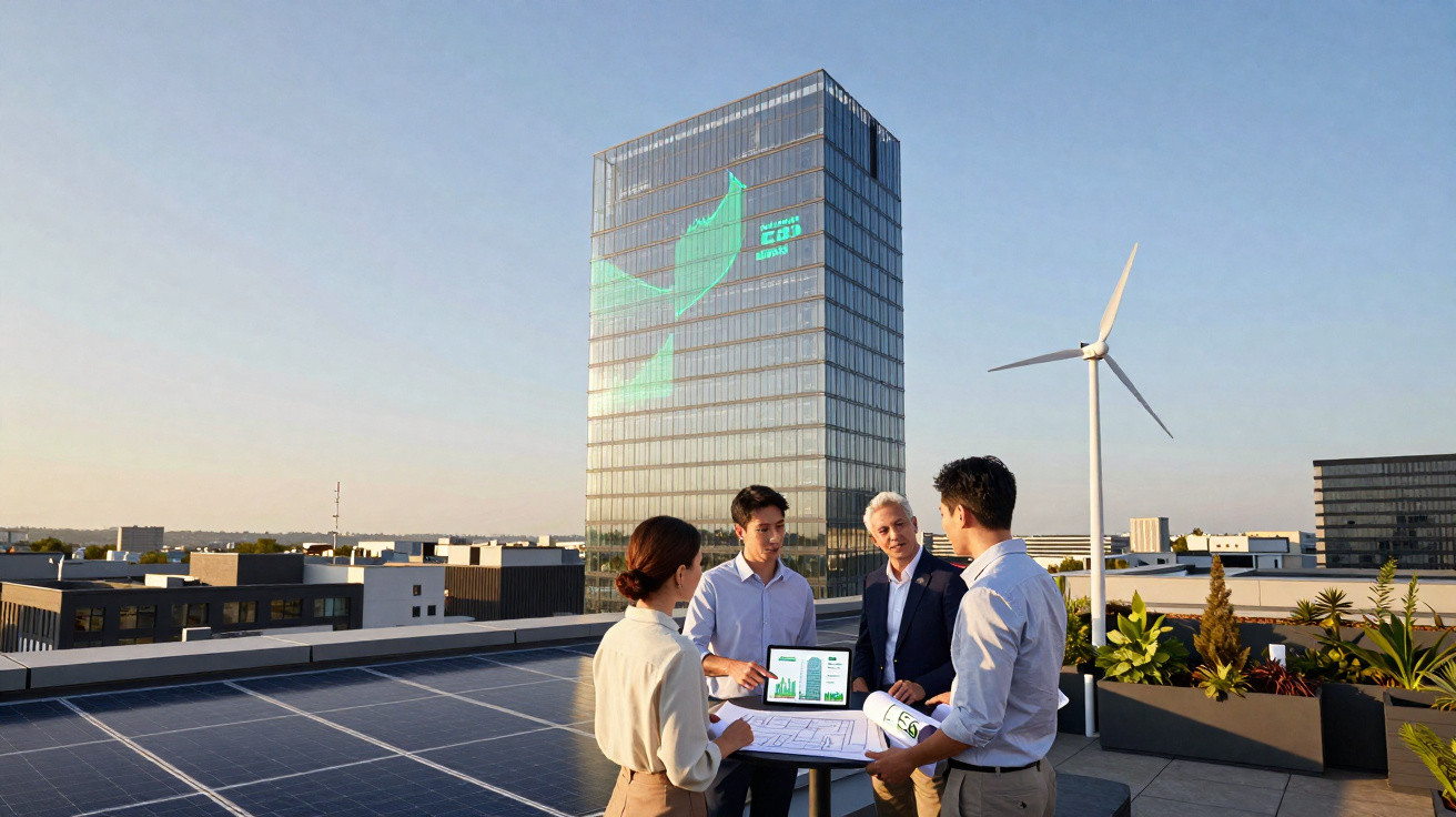 Equipa de quatro pessoas em painel solar no telhado, discutindo gráficos e energias renováveis.