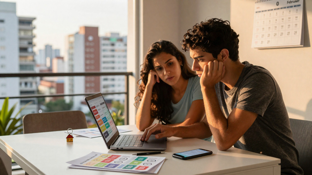 Casal jovem sentado à mesa a analisar informações num computador portátil com gráficos e calendário na parede.