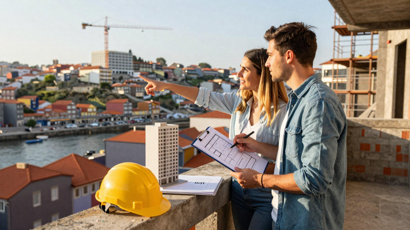 Dois jovens arquitetos analisam planta num edifício em construção com vista para a cidade e rio.