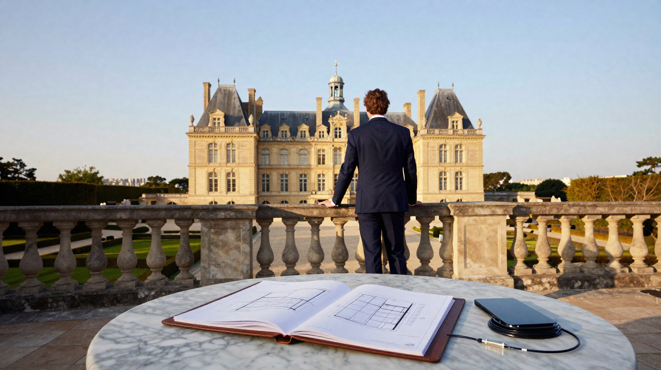 Homem de fato observa palácio clássico enquanto livro de arquitetura aberto está em mesa com carteira digital.