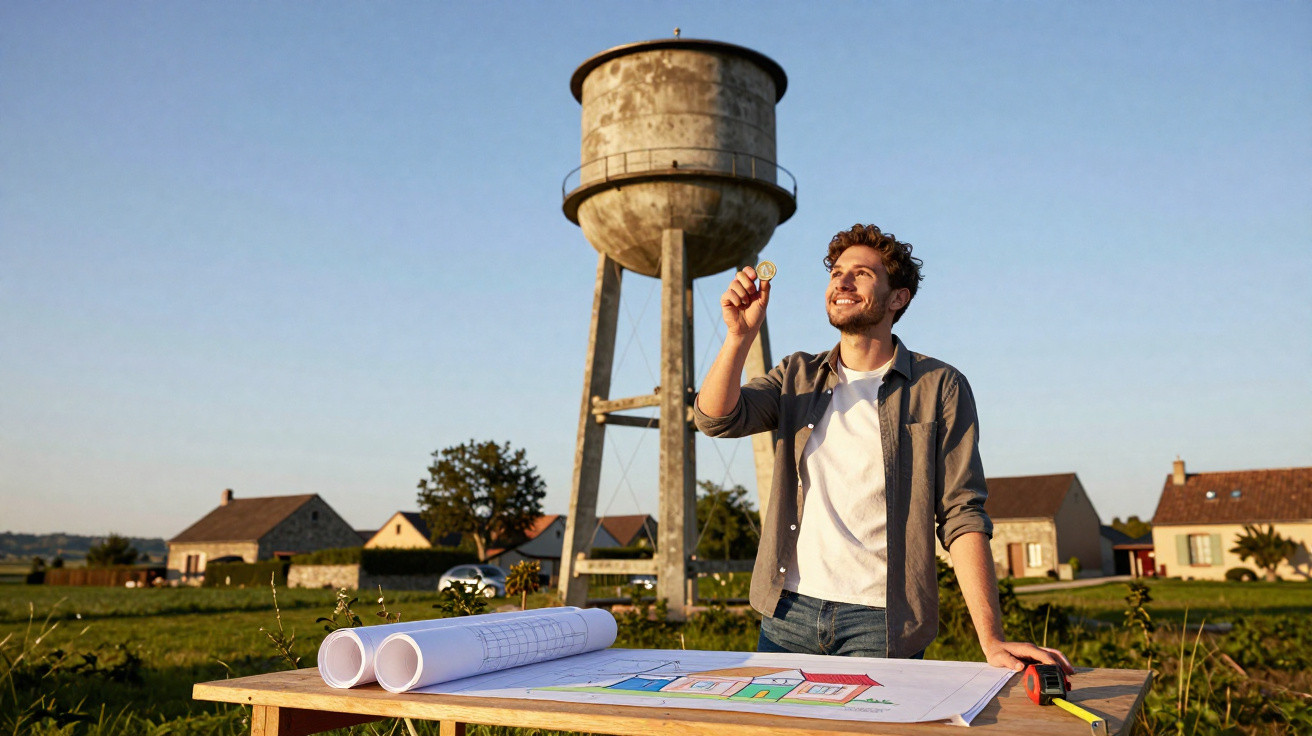 Homem feliz com planos de construção num campo, com tanque de água elevado ao fundo ao pôr do sol.