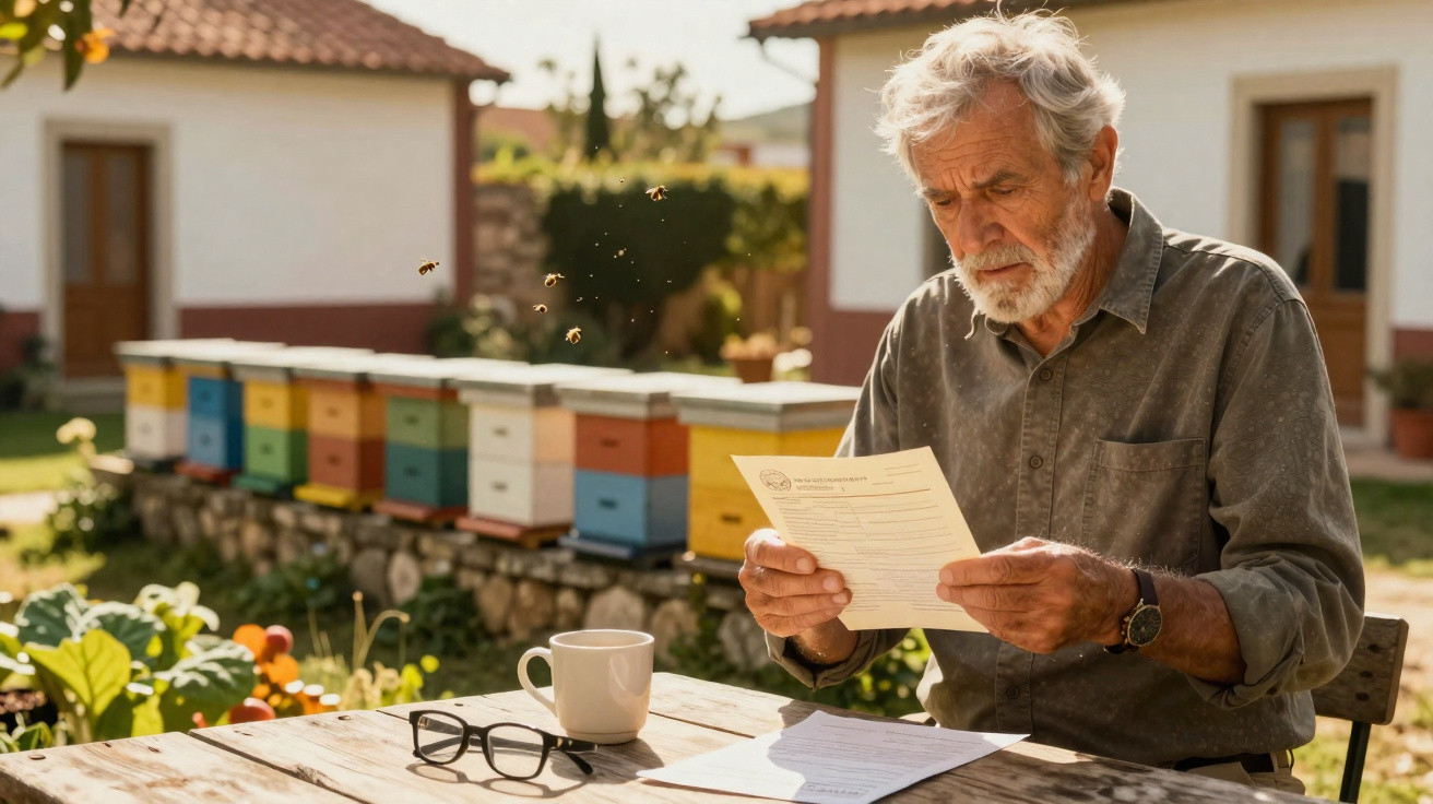 Homem idoso a ler documento sentado ao ar livre perto de colmeias e com abelhas ao redor.
