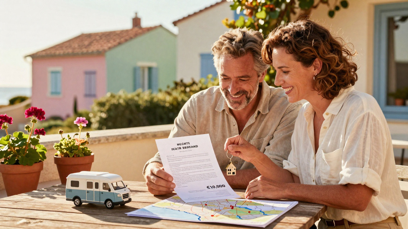 Casal feliz com chave e contrato, planeando viagem com miniaturas e mapa numa mesa ao ar livre.