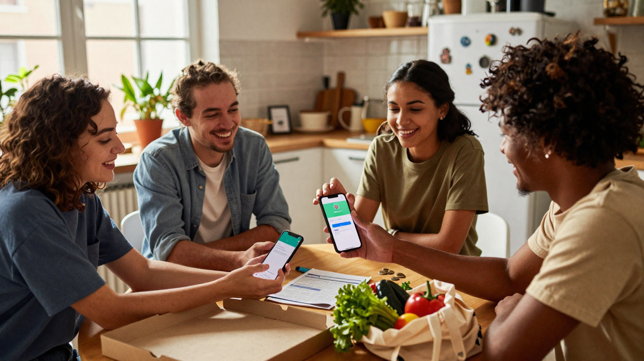 Grupo de amigos sentados à mesa a usar telemóveis para pagamentos, com legumes e caixas de pizza na cozinha.