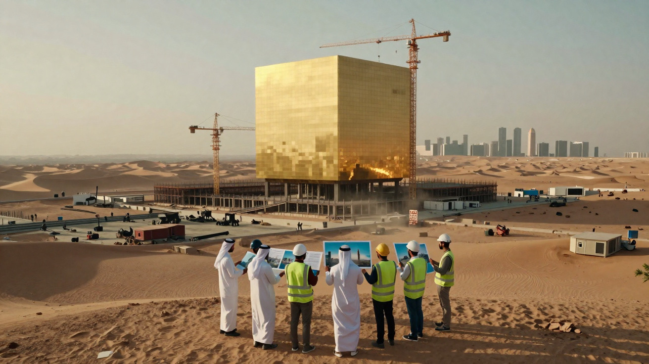 Equipa de engenheiros observa planta junto a edifício dourado em construção no deserto com cidade ao fundo.