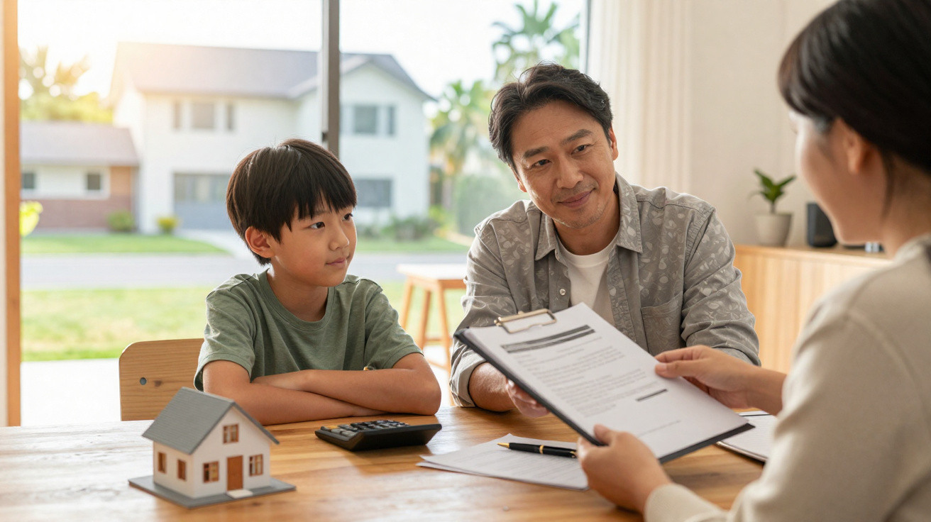 Família asiática a discutir documentos com agente imobiliário numa mesa com miniatura de casa e calculadora.