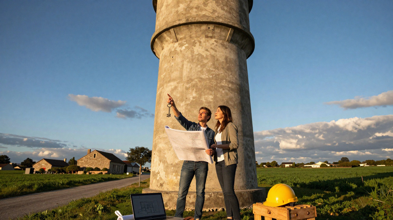 Dois arquitetos analisam planta junto a torre antiga, com capacete amarelo e laptop ao sol poente na zona rural.
