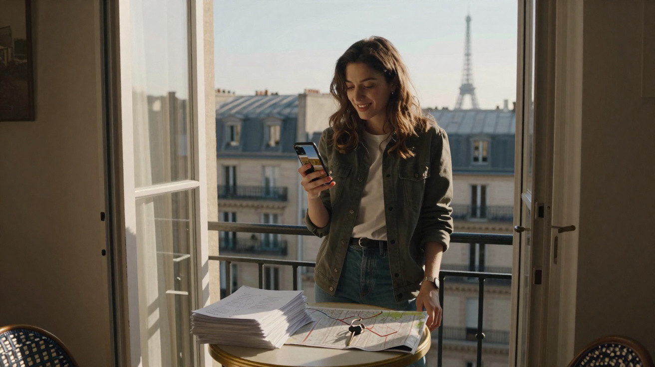 Jovem sorridente usa telemóvel na varanda de apartamento em Paris, com Torre Eiffel ao fundo e mesa com mapas e documentos.