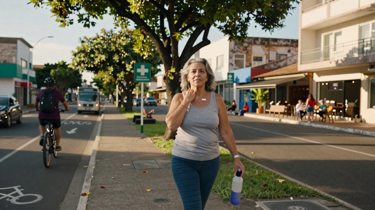 Mulher a caminhar na calçada de uma rua urbana, segurando garrafa de água, com ciclista e pessoas ao fundo.