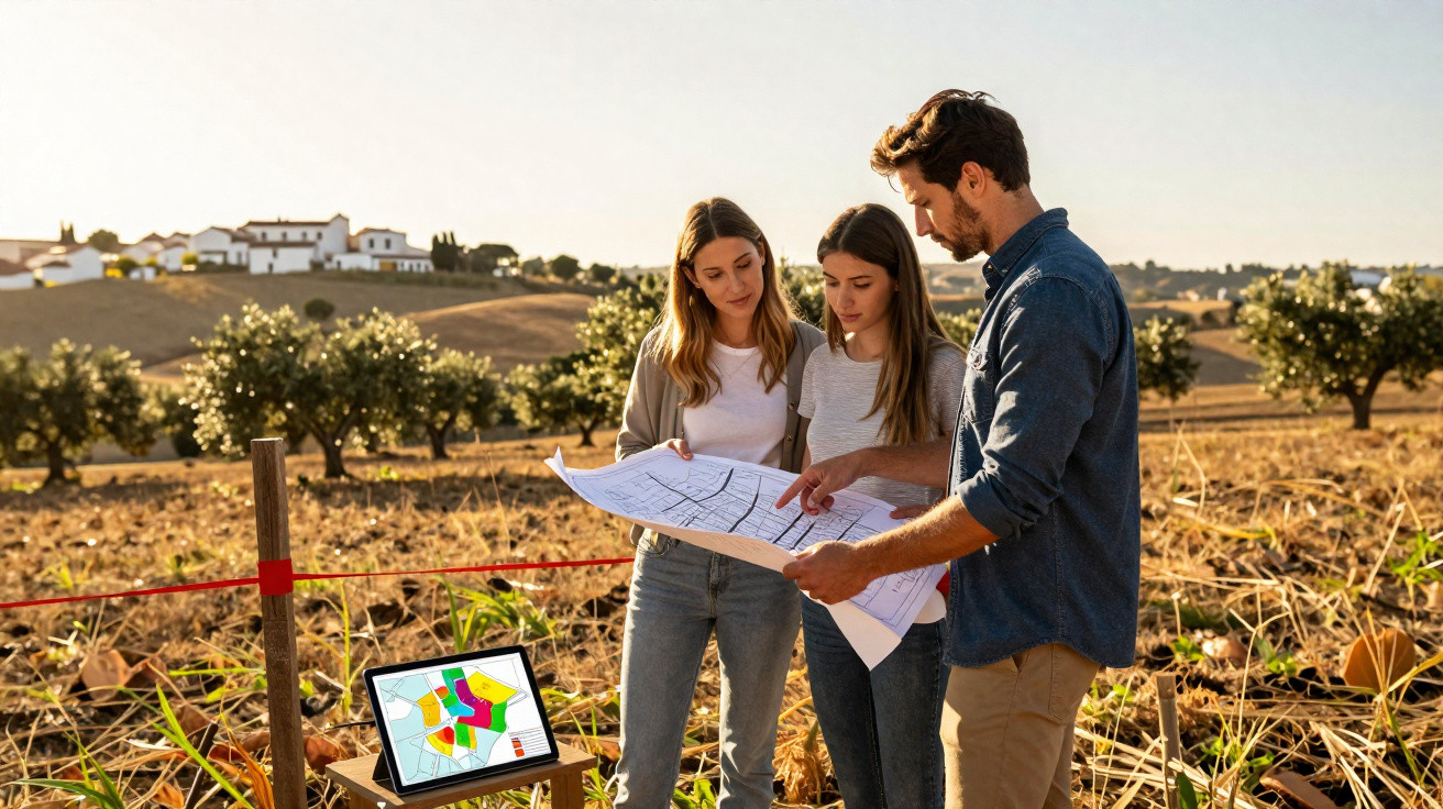 Três pessoas analisam mapas e planos numa área rural marcada por uma corda vermelha.