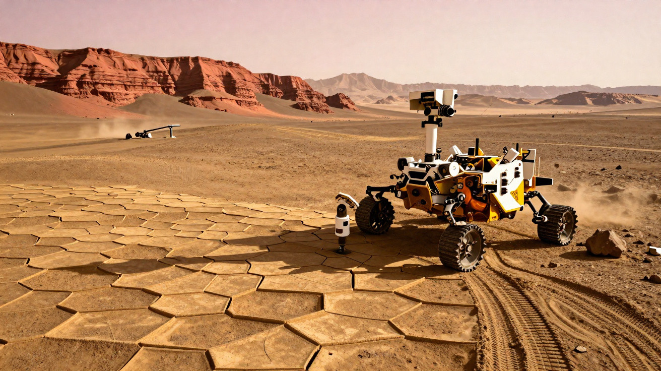 Rover exploratório a quatro rodas no solo árido e hexagonal de uma paisagem desértica com montanhas ao fundo.