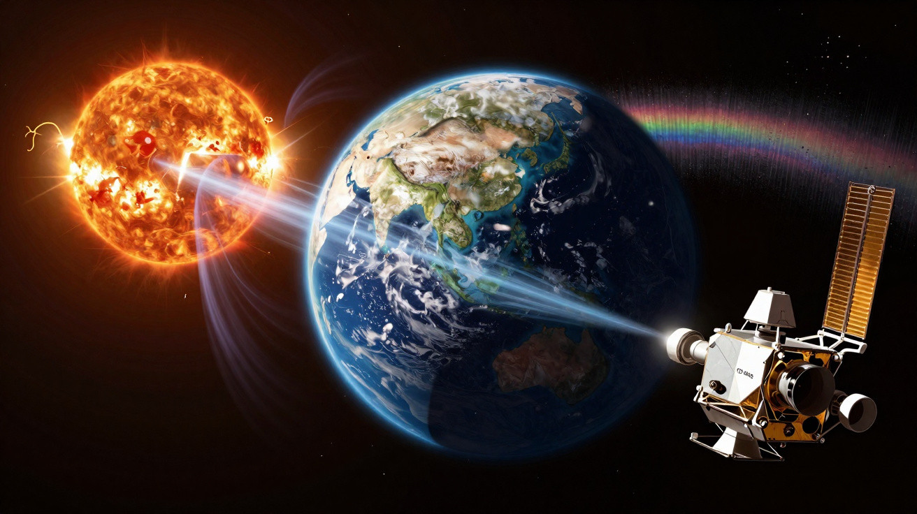 Ilustração do Sol emitindo radiação para a Terra, com um satélite espacial a observar o fenómeno.