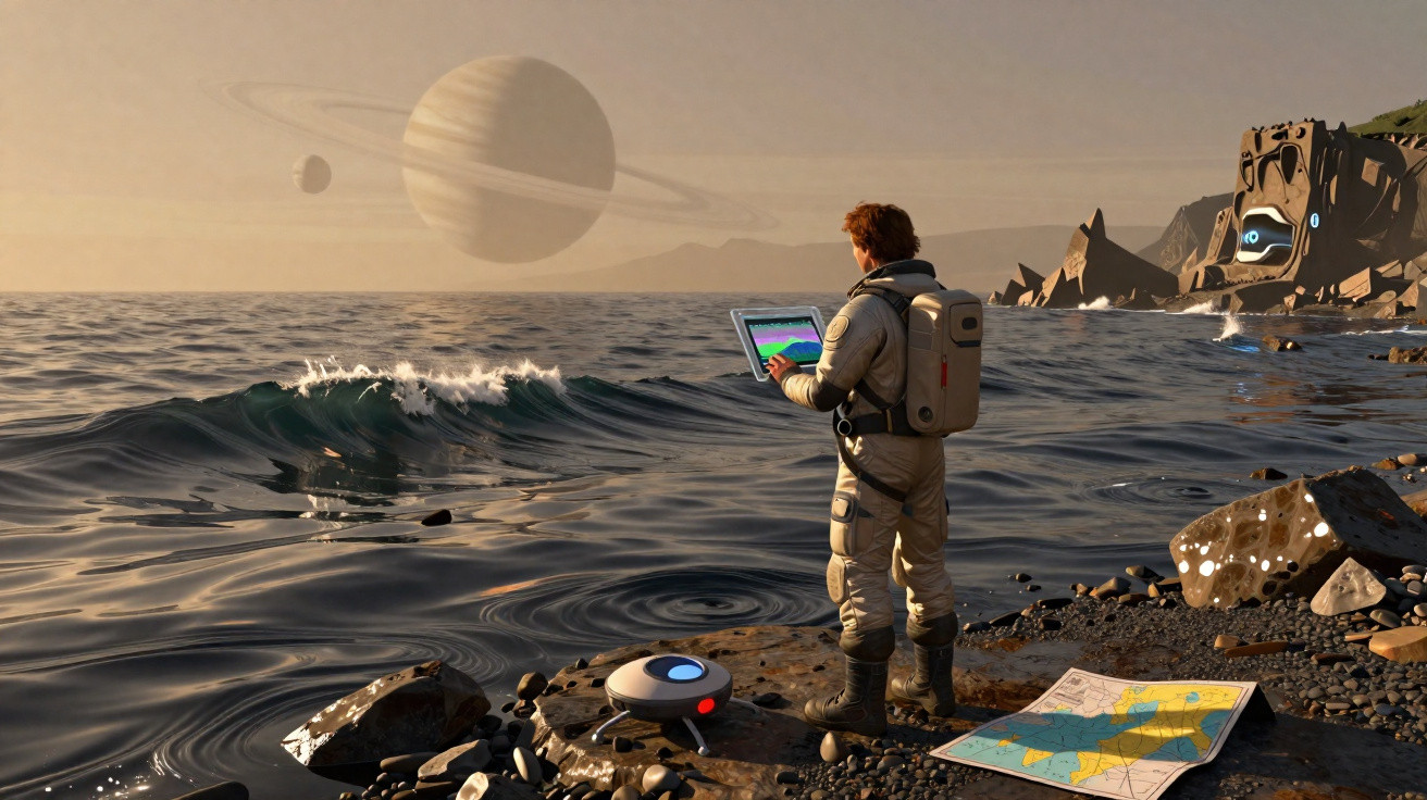 Explorador em equipamento espacial analisa dados na costa rochosa de planeta alienígena com anéis visíveis no céu.