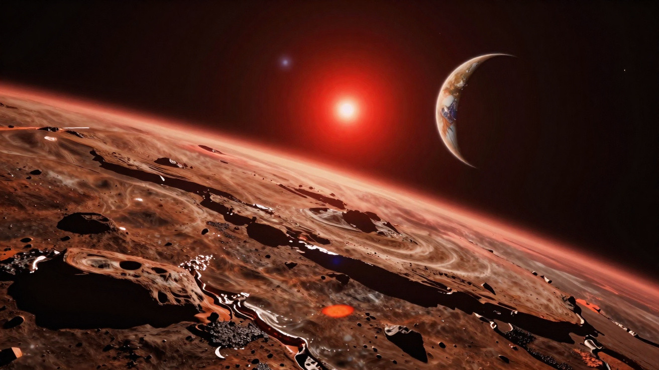 Superfície craterada de um planeta vermelho com um sol brilhante e um planeta semelhante à Terra ao fundo.
