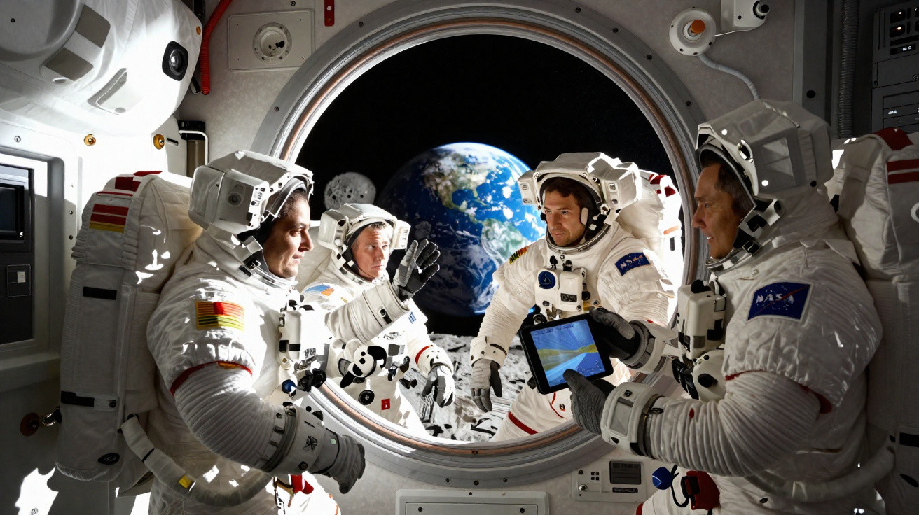 Quatro astronautas em fatos espaciais dentro de uma nave lunar, com a Terra visível pela janela.